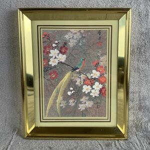 Vintage‎ Framed Print Of A Bird Perched On A Flowering Branch Brass Frame